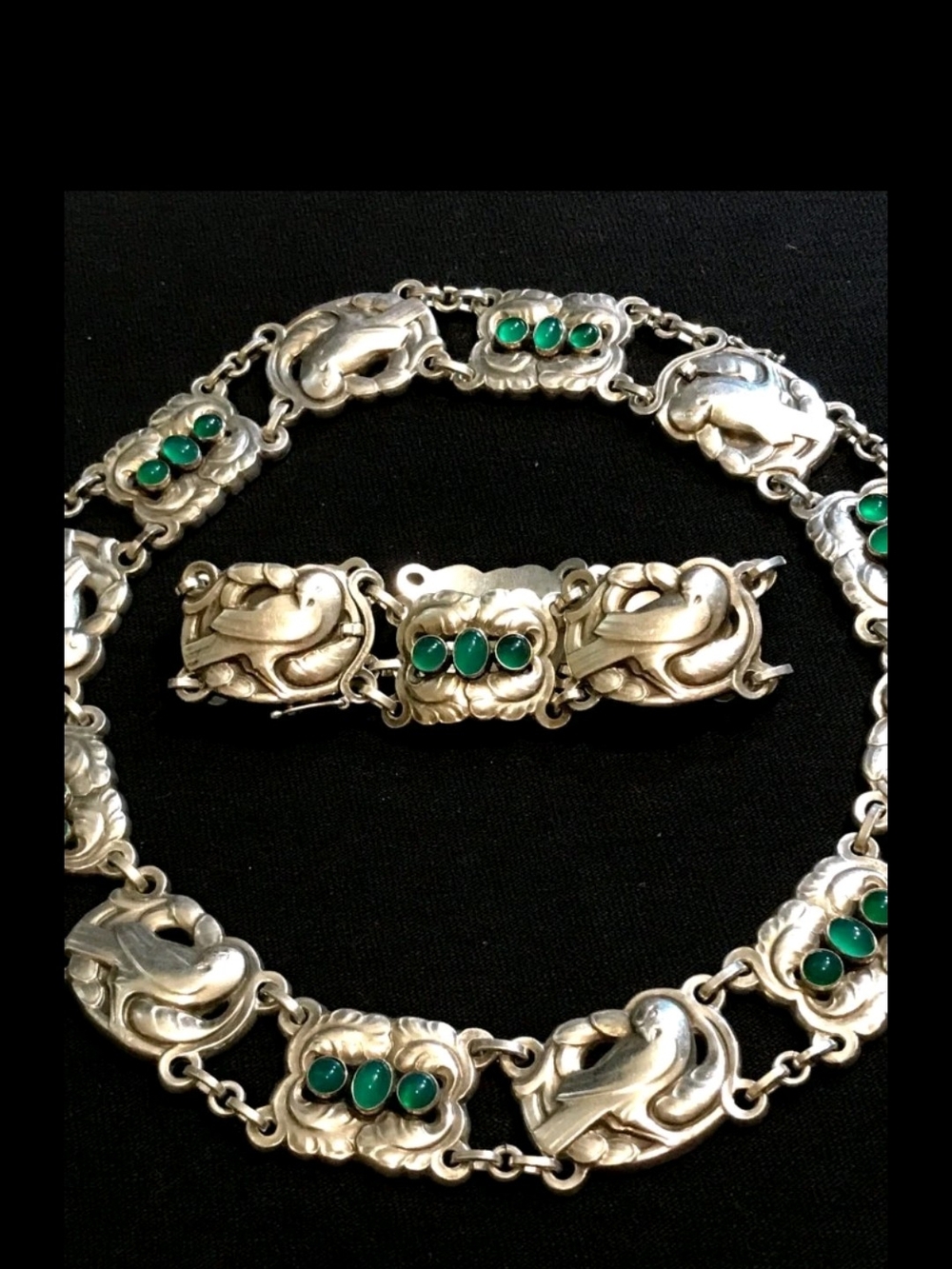 George Jensen Sterling Silver Necklace and Bracelet Set with Green Stone Accents